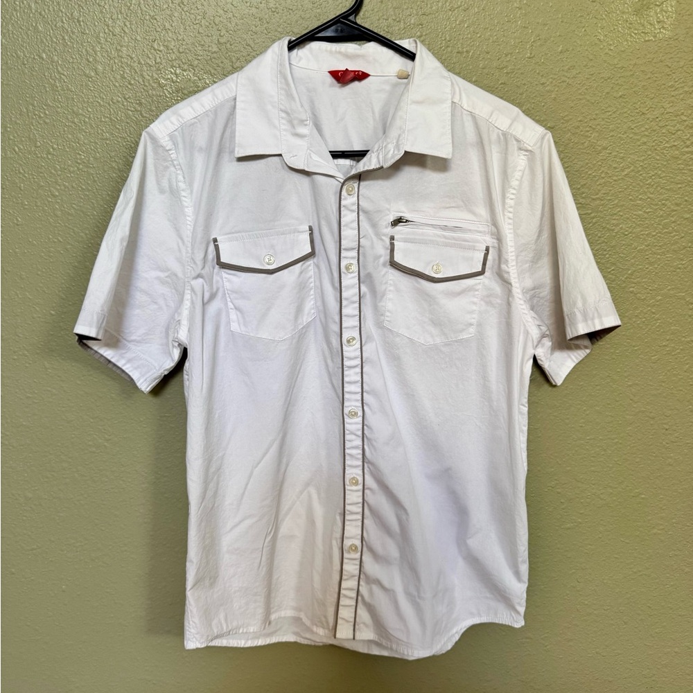 Guess White Short Sleeve Button-Down Shirt with Contrast Trim